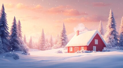Poster - Red wooden cabin covered in snow during a winter sunrise in a snowy forest