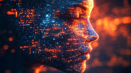 Poster - AI woman face, digital, glowing, futuristic, technology.