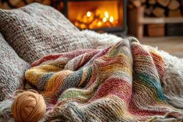 Poster - Cozy living room showcasing colorful knitted blanket draped over a soft couch by a warm fireplace during winter evenings. Generative AI
