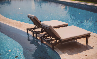 Fototapete - Two lounge chairs are sitting in the water at a pool. The chairs are positioned on the edge of the pool, with one chair facing the water and the other facing the opposite direction. The chairs are