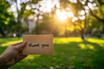 Hand Holding Thank You Card in a Sunlit Park with Blurry Green Background, Perfect for Gratitude, Appreciation, or Friendship Themes with Natural Lighting