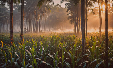 Poster - A field of corn is covered in fog. The sun is shining through the trees, casting a warm glow on the field