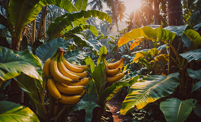 Poster - A bunch of bananas are hanging from a tree in a jungle. The bananas are ripe and ready to be picked
