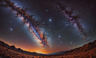 Poster - the sky is filled with stars and the sun is setting. the sky is a deep blue with a few clouds