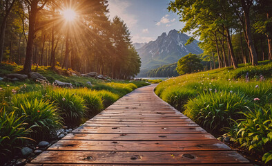Poster - A wooden path leads through a lush green forest. The sun is shining brightly, casting a warm glow on the trees and the path. The scene is peaceful and serene, inviting one to take a leisurely stroll