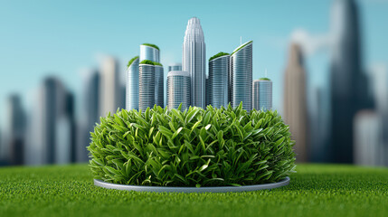 Poster - Green cityscape with skyscrapers surrounded by lush grass