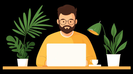 Poster - man working on laptop surrounded by plants and lamp
