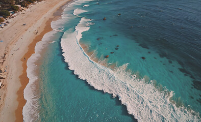 Poster - The ocean is calm and blue with a few white waves. The beach is crowded with people enjoying the day