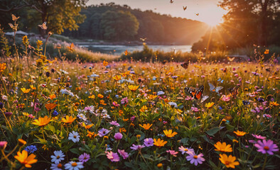 Poster - A field of flowers with butterflies flying around. The sun is shining brightly, creating a warm and inviting atmosphere