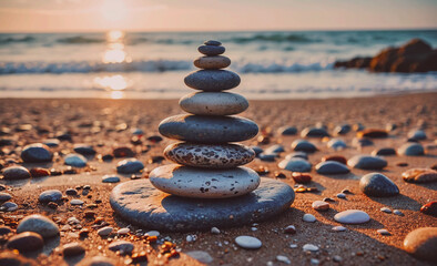 Aufkleber - A stack of rocks on a beach with the sun setting in the background. The rocks are arranged in a pyramid shape, creating a sense of balance and harmony. The scene evokes a feeling of tranquility and