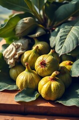 Fresh ripe figs on wooden surface with leaves.