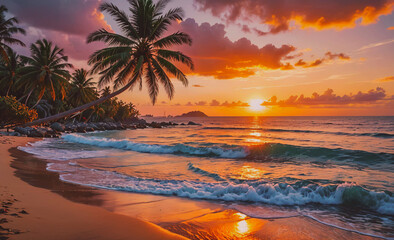 Fototapete - A beautiful sunset over the ocean with palm trees in the background. The sky is filled with clouds and the sun is setting, creating a warm and peaceful atmosphere