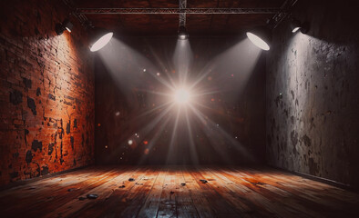 Poster - A dark room with a spotlight on a wooden floor. The room is empty and the light is shining on the floor