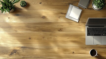 Poster - A modern desk layout featuring a sleek laptop surrounded by lush plants and a notepad. This setup, bathed in warm natural light, sparks creativity and focus, perfect for work or study