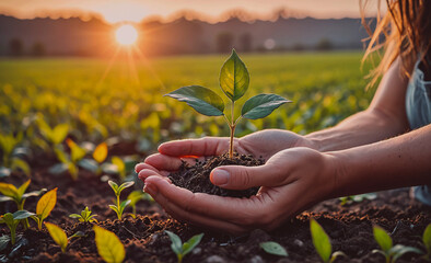 Poster - A woman is holding a small plant in her hands. The plant is surrounded by dirt and is growing in a field. Concept of growth and nurturing, as the woman is taking care of the plant