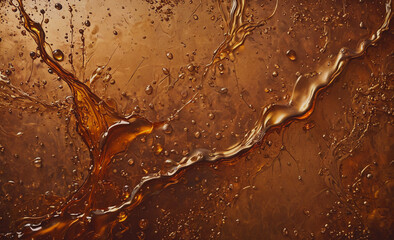 Poster - A splash of brown liquid with many droplets on a surface. The liquid appears to be a dark brown color, possibly coffee or tea. The droplets are scattered throughout the image, creating a sense of