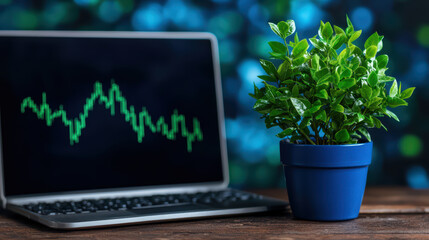 Poster - laptop displaying investment trends next to green plant
