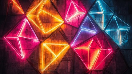 Poster - Colorful geometric neon lights illuminate a dimly lit wall, casting mesmerizing patterns. Various shapes create a dynamic and playful atmosphere in this vibrant urban landscape