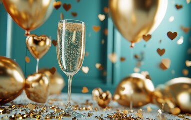 A festive celebration scene with golden balloons, heart shaped confetti, and a glass of sparkling wine for Valentines Day and 8 March