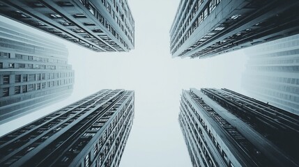 Poster - Amidst a serene urban environment, towering skyscrapers rise upward, their stark architecture enhancing the minimalistic charm. The muted sky completes this tranquil gaze upward