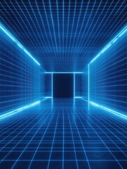 Poster - Blue shine perspective grid. Digital template, square lighting abstract data science or architectural landscape background