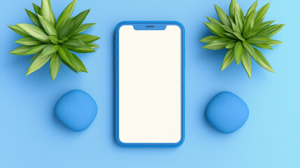Poster - Blank smartphone on blue background with green plants
