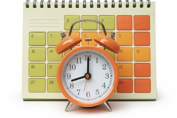 Poster - An orange alarm clock rests on a desk calendar, symbolizing time management and scheduling.