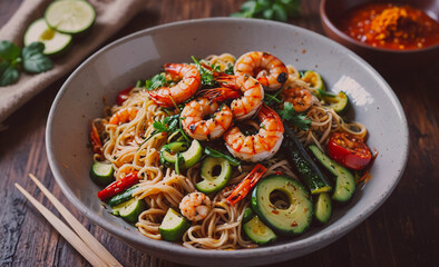 Aufkleber - A bowl of shrimp and vegetable noodles with a green lime on the side. The dish is colorful and appetizing