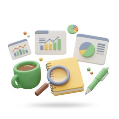 Fototapete - A 3D illustration of various research tools including coffee cup, magnifying glass, notebook, pen and floating interface elements isolated on a white background.
