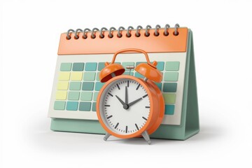 Poster - An orange alarm clock rests on a pastel-colored desk calendar, symbolizing time management and scheduling.
