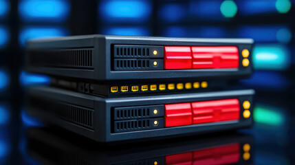 Poster - High tech server units with vibrant lights in data center