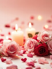 Poster - Romantic setup with pink roses and candles creating a warm atmosphere for an intimate evening in a softly lit space. Generative AI