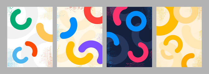 Fototapete - Vector illustration. Abstract vibrant color background set. Cool bright wallpapers with semi circle shapes and halftone dots. Design elements for book cover, brochure, magazine, flyer, booklet