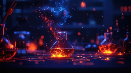 Poster - Glowing Laboratory Flask with Vibrant Orange Liquid and Smoke Effects