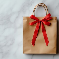 Wall Mural - A beautifully wrapped brown gift bag adorned with a vibrant red bow, set against a sleek marble background, perfect for any special occasion or event.