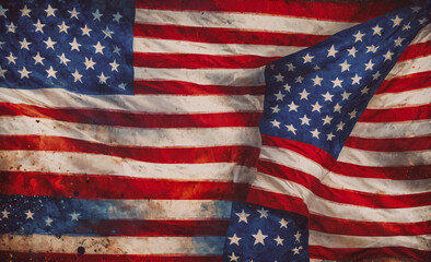 A flag with stars and stripes is shown in a painting. The flag is folded and has a worn appearance