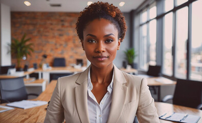 Poster - A woman in a business suit sits at a desk in front of a brick wall. She is smiling and looking directly at the camera