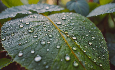 Poster - A leaf with water droplets on it. The droplets are small and scattered, giving the impression of a light rain. The leaf is green and he is fresh and healthy