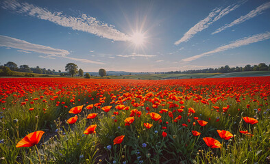 Poster - A field of red flowers with a bright sun shining down on them. The sun is the main focus of the image, and the flowers are the background