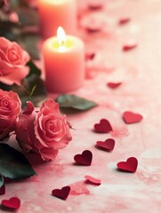 Poster - Romantic setup with pink roses and heart confetti on a softly lit table. Generative AI