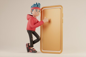 Aufkleber - A 3D cartoon boy in a red hoodie leans against a large golden smartphone, pointing at the screen.