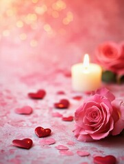 Aufkleber - Roses and candles create a romantic atmosphere for a special celebration on a soft pink backdrop. Generative AI