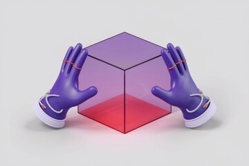 Aufkleber - Two purple gloved hands gently cradle a transparent cube with a red base.