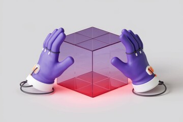 Poster - Robotic hands gently cradle a translucent cube, showcasing futuristic technology.