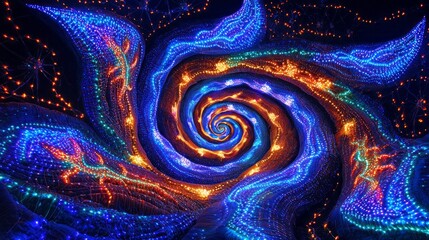 Poster - An enchanting spiral vortex radiates electric blue and vibrant orange lights, creating a captivating visual experience in a darkened space. The swirling pattern evokes a sense of depth and movement