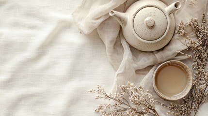 Poster - A delicate ceramic teapot rests beside a matching cup on soft neutral fabric, surrounded by wispy dried flowers, creating a tranquil setting perfect for enjoying tea