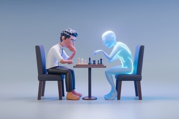 Poster - A man plays chess against a translucent AI opponent, symbolizing human vs. artificial intelligence competition.