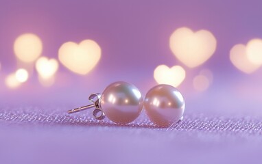 Wall Mural - A pair of delicate pearl earrings showcased on a pastel lavender background with subtle glowing hearts for valentines day