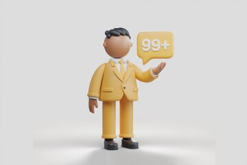 Poster - A 3D cartoon businessman in a yellow suit proudly displays a 99+ notification.