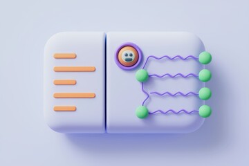 Aufkleber - Abstract 3D rendering of a user interface element with a happy face, list, and nodes connected by wavy lines.